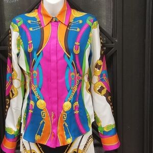 VERSACE Multicolor Mixed Baroque Print Silk Twill Button Front Top Blouse